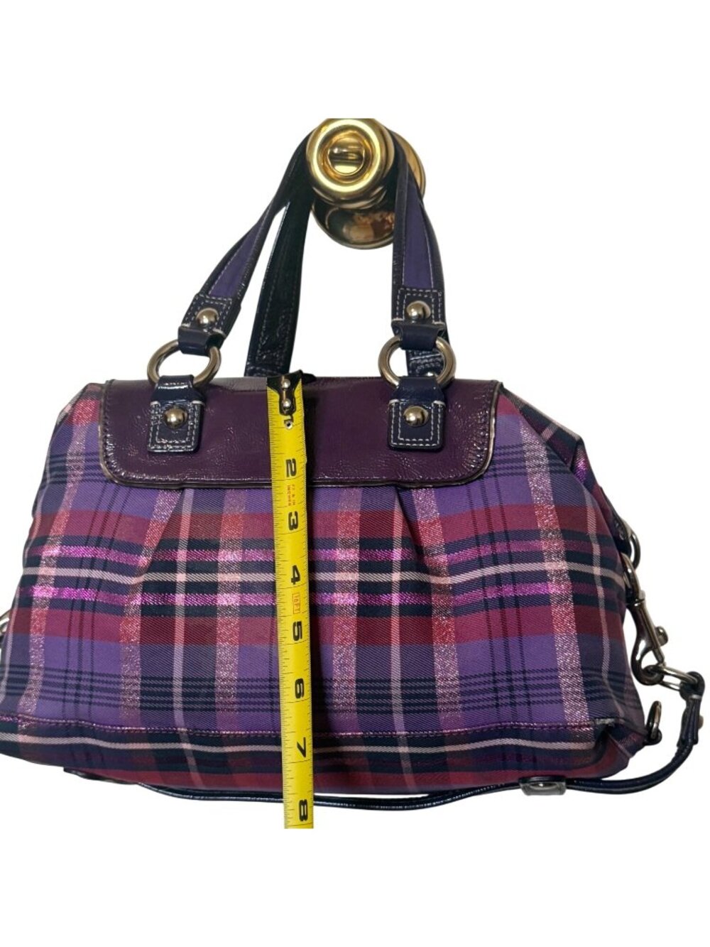 Coach Poppy Purple Tartan Plaid Limited Ed Bag W Purple Patent Leather No 15884 - Picture 7 of 11